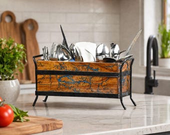 Handmade Rosewood Cutlery Caddy, Fractal Resin Art, Kitchen Organizer, Housewarming Gift