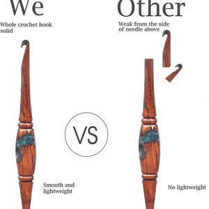 Puede incluir: Un gr&aacute;fico comparativo que muestra dos ganchillos de madera marr&oacute;n con detalles de resina azul. El gancho izquierdo est&aacute; etiquetado como 'We' y 'Whole crochet hook solid', mientras que el derecho est&aacute; etiquetado como 'Other' y 'Weak from the side of needle above'.