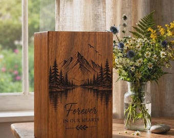 Personalized Wooden Cremation Urn for Human Ashes, Mountain Scene Memorial, Handmade Keepsake!