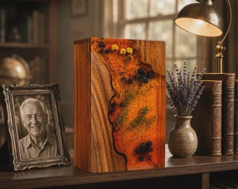 Personalized Wooden Urn for Ashes, Handmade Floral Resin Cremation Box, Memorial Gift