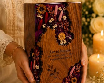 Personalized Wooden Cremation Urn for Human Ashes, Floral Memorial Keepsake, Handmade Urn Case