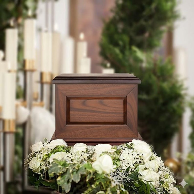 May include: A rectangular wooden cremation urn with a dark brown finish and a prominent wood grain pattern. The urn features a beveled lid and a central recessed panel on the front face, resting atop a base of white roses and green foliage.