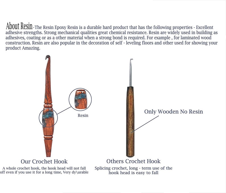 Puede incluir: Un gr&aacute;fico comparativo que muestra dos ganchillos. A la izquierda, un ganchillo de madera con una incrustaci&oacute;n de resina azul etiquetado como 'Our Crochet Hook'. A la derecha, un ganchillo de madera simple etiquetado 'Others Crochet Hook' con el texto 'Only Wooden No Resin'.