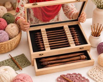 Wooden Knitting Needle Storage Box, Handmade Craft Organizer, Large Case for Knitters, Gift
