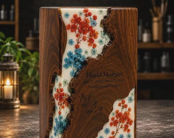 Personalized Wooden Cremation Urn for Human Ashes, Floral Resin Memorial Keepsake Handmade Box