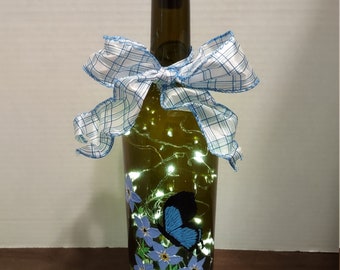 Wine Bottle - Blue Flowers and Butterfly