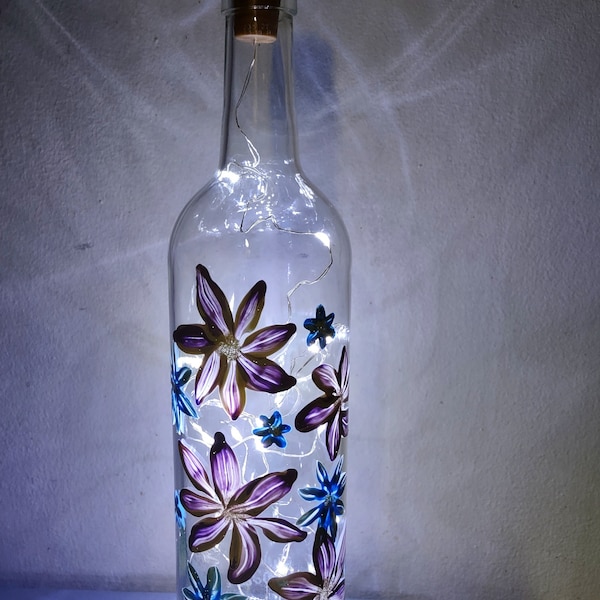 Wine Bottle - Purple/White and Blue/White Flowers hand painted