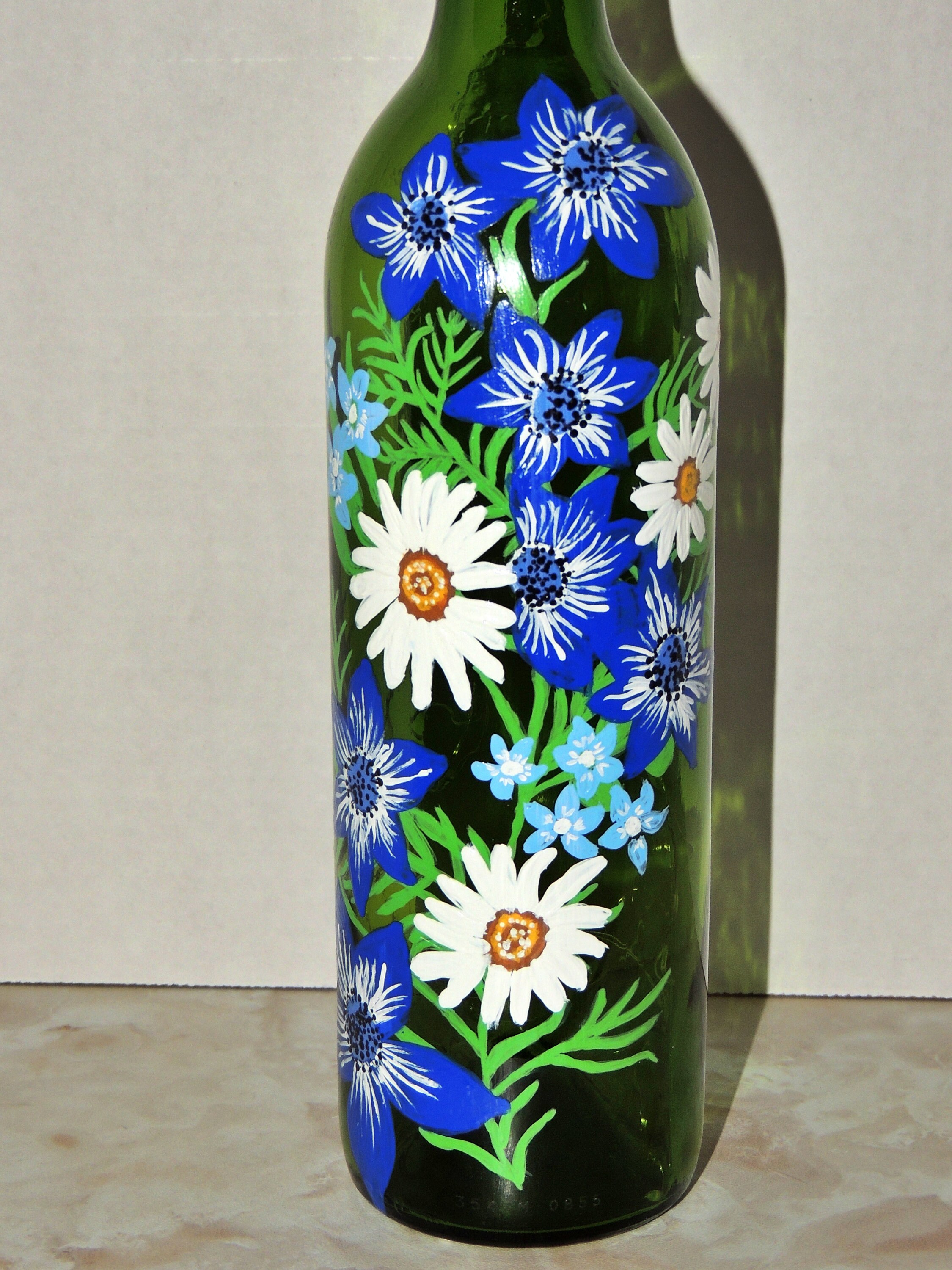 Wine Bottle Blue and White Flowers Etsy