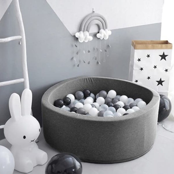 Baby Foam Round Ball Pit + 200 Balls included. Handmade Ball pool for kids toddlers | Dark Grey