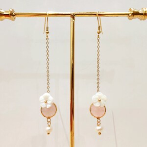 Sakura Dangle Earrings, 18K Gold, Pink Jade & Freshwater Pearl