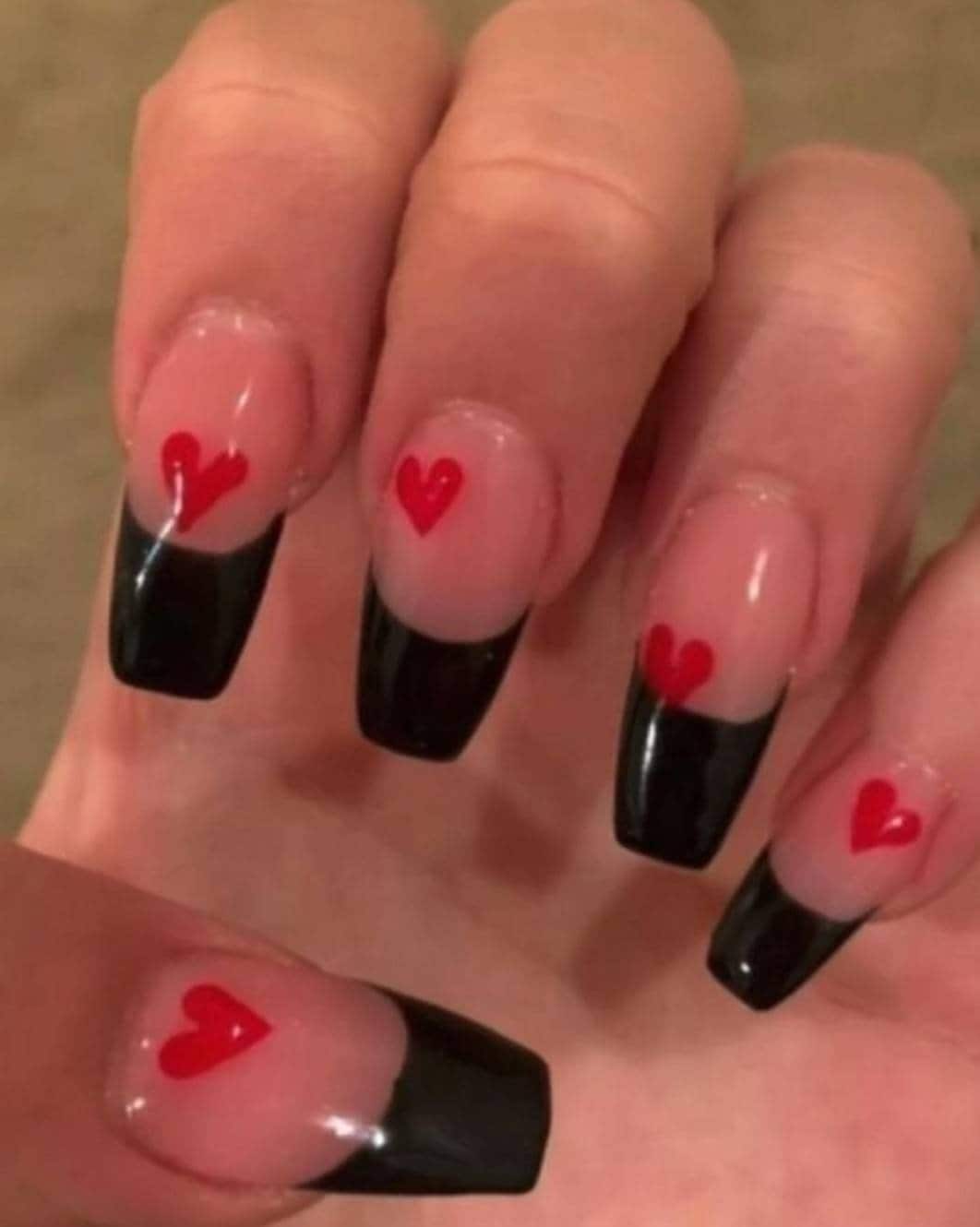 Black French Tip With Hearts Press on Nails - Etsy