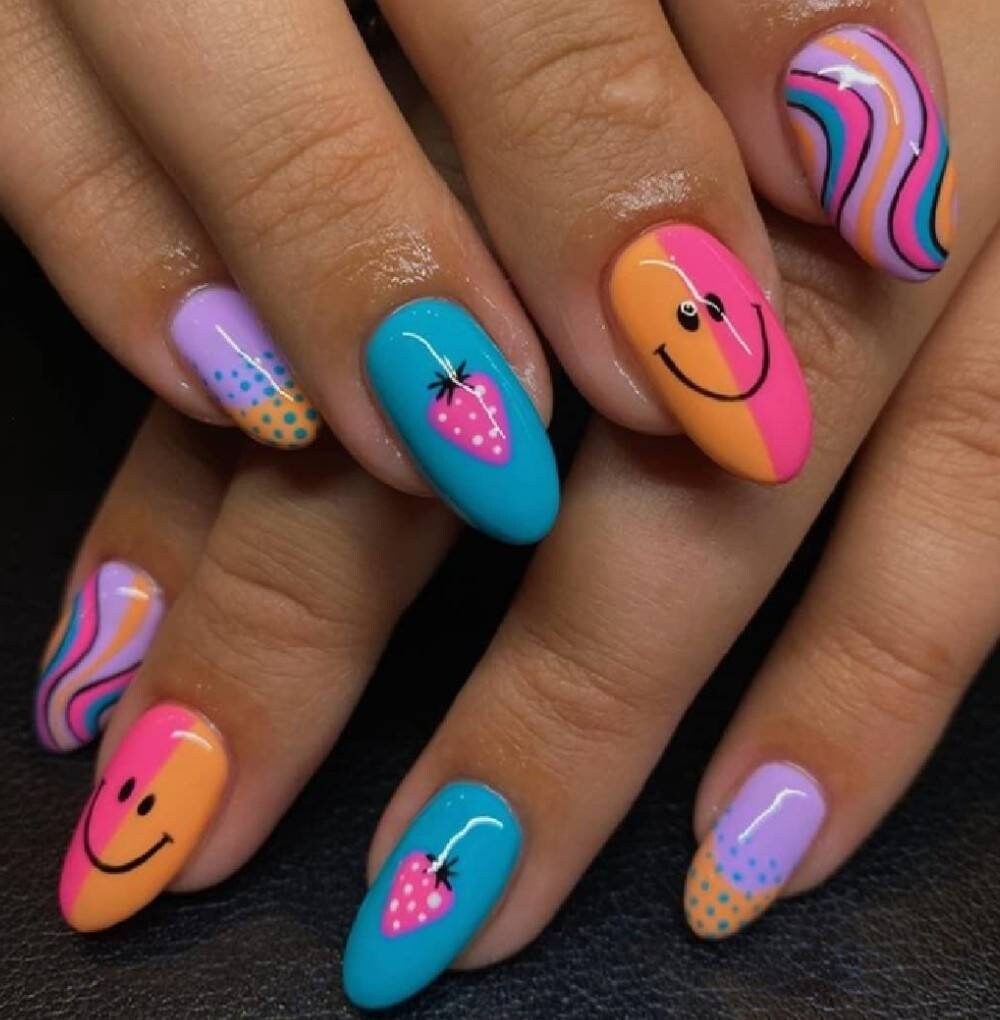 Smiley Colored Press on Nails Colorful Nails Fake Nails - Etsy