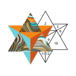 Peut inclure: Une illustration géométrique d'une étoile 3D avec un motif tourbillonnant orange, bleu et marron. L'étoile est superposée à un contour noir d'une étoile à 12 branches avec les numéros 2, 3, 6, 9, 10, 11 et 12.