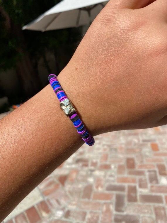 Purple Blue and Black Clay Bead Bracelet With Vintage Bead 