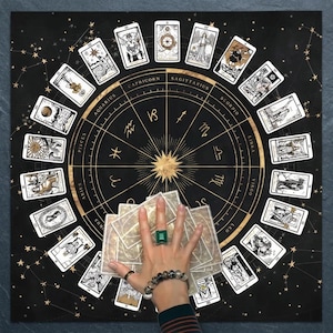 May include: A black square cloth featuring a gold circular zodiac wheel with astrological signs and constellations. A fan of tarot cards is arranged in the centre, surrounded by a border of individual tarot cards depicting various illustrations.