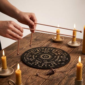 Koperen wichelroedeset, houten pendelbord, spirituele waarzeggereedschappen