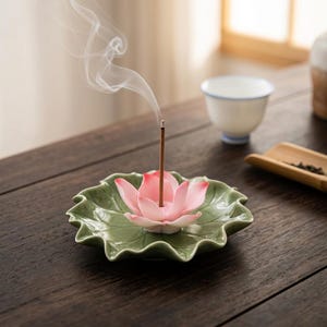 Quemador de incienso de cerámica con forma de loto, bandeja con forma de hoja para meditación zen, base difusora de aromas para sala de té.