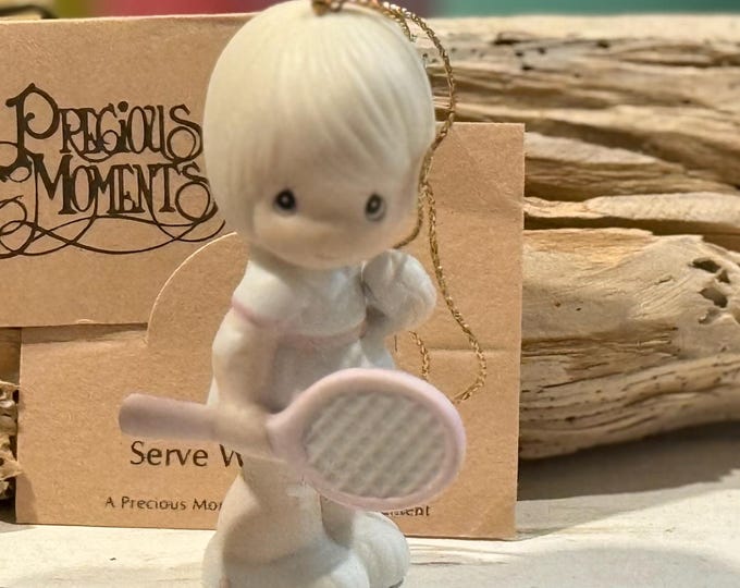 Precious Moments Ornament Serve with a Smile Enesco 1996 Bisque Porcelain Miniature  Figurine Tennis Girl with Box and Tags