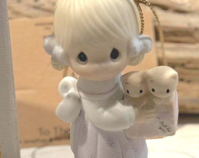 Precious Moments Ornament – “To Thee With Love” | 1983 Enesco Bisque Porcelain | Girl with Teddy Bears | Vintage Christmas Keepsake with Box