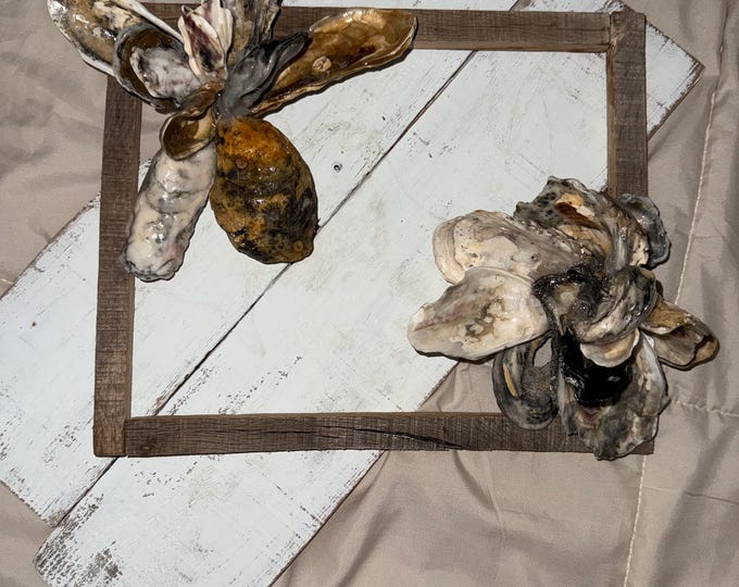 Rustic Oyster Shell Wall Art Coastal Flower Sculpture on Distressed Wood Handmade Nautical Decor