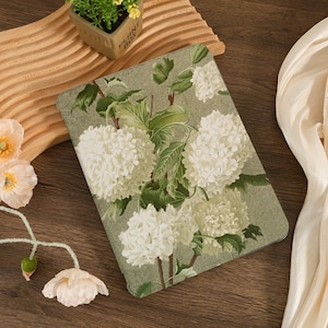 Op de afbeelding: Een groen en wit bloemenontwerp met witte hortensia's op een groene achtergrond. Het ontwerp is gedrukt op een telefoonhoesje.