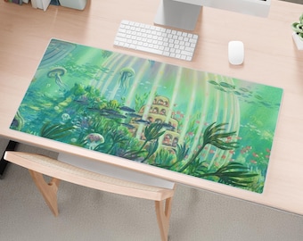 Underwater Green Desk Mat, Large Mousepad, Kawaii MousePads, Keyboard Mat, Stitched Edges, Desk Decor Aesthetic, Gaming Room Decor Gift