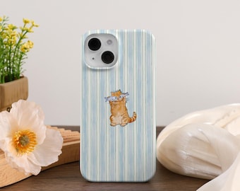 Blue White Stripe iPhone Case For iPhone 17 16e 16 15 14 13 12 Pro Max Plus Mini iPhone 13 12 11 X XS XR SE Funny Cat Tough iPhone Cover