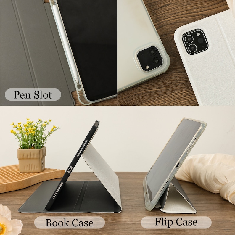 May include: A collection of tablet cases in various styles. The image shows a gray book case with a pen slot, a clear case, and a white flip case. The cases are designed to protect the tablet while providing functionality.
