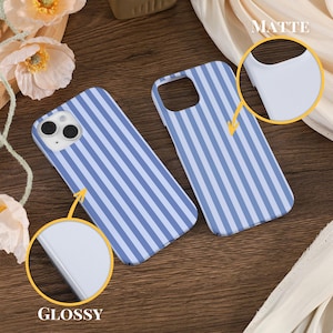 May include: Two phone cases with a blue and white striped pattern. The case on the left is labeled "Glossy" and the case on the right is labeled "Matte".