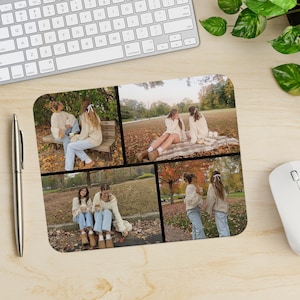 May include: A collage of four photos featuring four women wearing white sweaters and blue jeans in a park setting with fall foliage. The photos are arranged in a grid pattern.