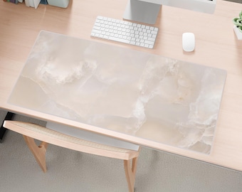 Tapis de bureau texture marbre beige, grand tapis de souris, tapis de bureau moderne, tapis pour clavier, bords surpiqués, accessoires de bureau, cadeau déco pour salle de jeux