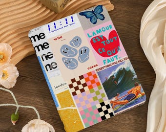 May include: A colorful iPad case with a collage of images, including a butterfly, a smiley face, a checkered pattern, and text in French and English. The text includes "L'amour est tout ce qu'il faut" and "Everything will kill you".