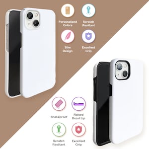 May include: Two white phone cases with black trim. The case on the left is flat and the case on the right has a raised lip around the camera lens. Both cases have a variety of features including scratch resistant, slim design, excellent grip, shakeproof, and personalized colors.