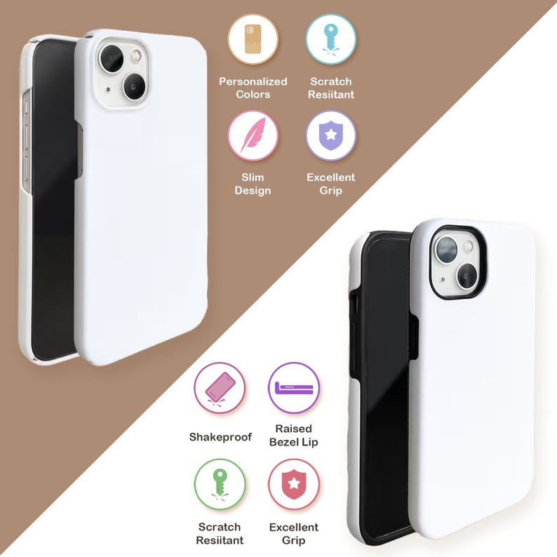 May include: Two white phone cases with black trim. The case on the left is flat and the case on the right has a raised lip around the camera lens. Both cases have a variety of features including scratch resistant, slim design, excellent grip, shakeproof, and personalized colors.