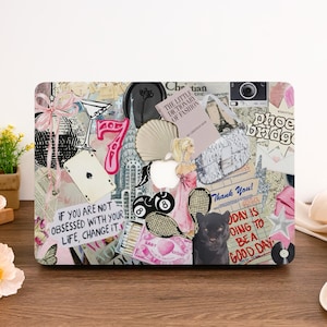 Puede incluir: Una piel para portátil con un collage de imágenes, incluyendo un fondo a rayas rosa y blanco, una pantera negra, una cámara vintage, una copa de martini, el número 7, un libro titulado "The Little Dictionary of Fashion", y el texto "If you are not obsessed with your life, change it."