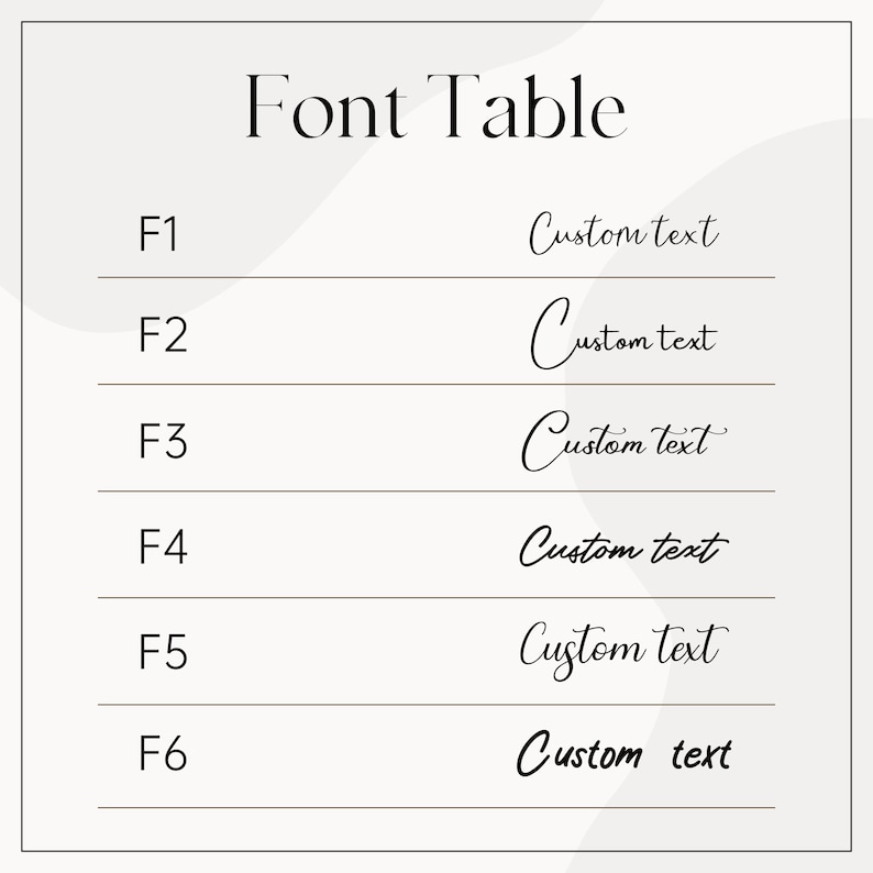 May include: A font table with the title "Font Table" at the top. The table lists six font styles, labeled F1 through F6, each paired with the words "Custom text" in a corresponding font style. The background is a light beige color.