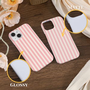 May include: Two pink and white striped phone cases, one with a glossy finish and one with a matte finish. The text "MATTE" and "GLOSSY" are visible on the image.