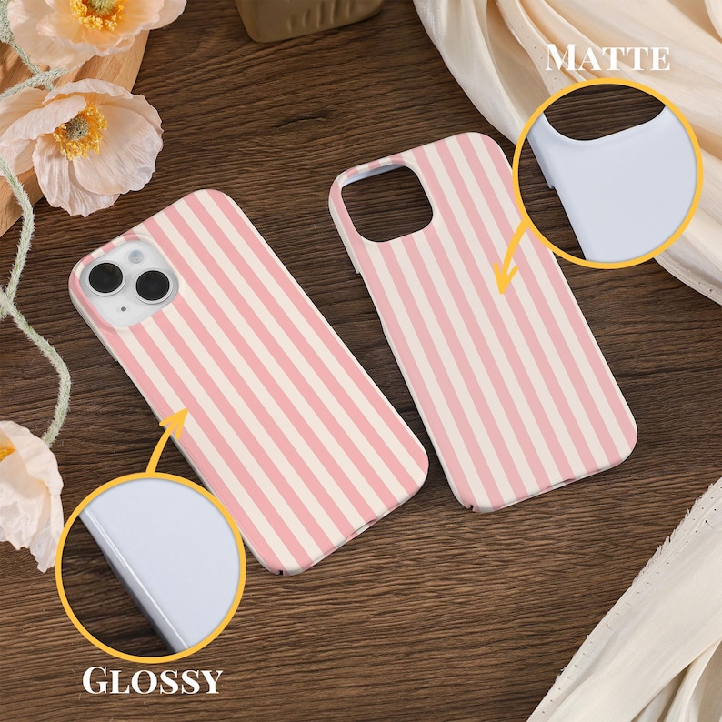 May include: Two pink and white striped phone cases, one with a glossy finish and one with a matte finish. The text "MATTE" and "GLOSSY" are visible on the image.