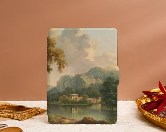 May include: A landscape painting of a lake with a small house and trees on a hillside. The painting is on a brown background.
