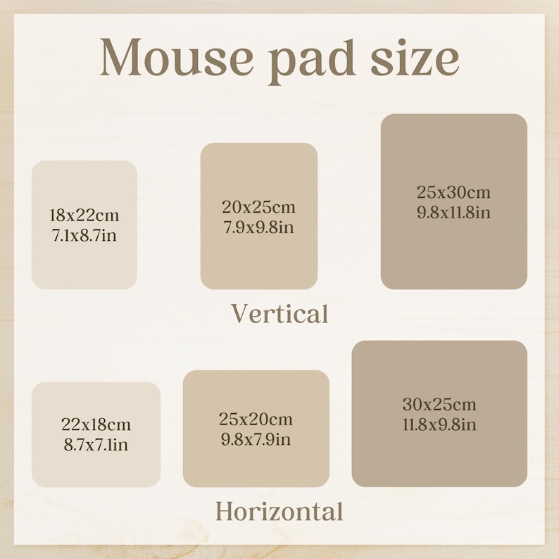 Peut inclure: Un tableau montrant diff&eacute;rentes tailles de tapis de souris en pouces et en centim&egrave;tres. Le tableau est divis&eacute; en deux sections : verticale et horizontale. La section verticale montre des tapis de souris avec des dimensions de 18x22cm (7.1x8.7in), 20x25cm (7.9x9.8in) et 25x30cm (9.8x11.8in). La section horizontale montre des tapis de souris avec des dimensions de 22x18cm (8.7x7.1in), 25x20cm (9.8x7.9in) et 30x25cm (11.8x9.8in).