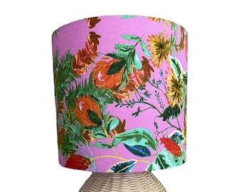 Bright pink botanical floral lampshade, native floral pink lampshade, bright pink flowery lampshade, tropical lampshade, aussie natives