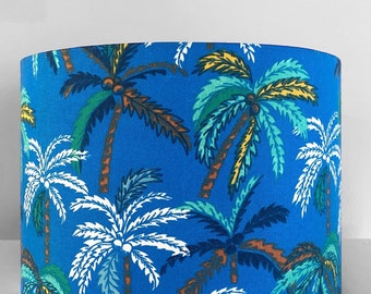 Blue tropical lampshade, Palm print tropical blue, Coconut tree island white palm coastal hamptons, beachy, Nursery lampshade, Kids bedroom