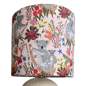Native lampshade, aussie outback, Koala print, native print, pink lampshade, baby pink, nursery decor, girls bedroom decor ideas, botanical