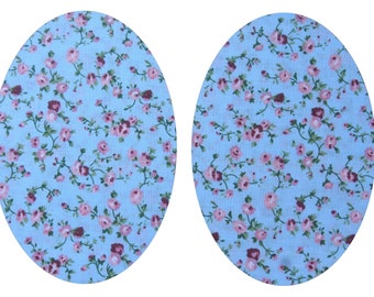 Light Blue Floral Cotton Iron On Elbow Knee Patches, Trailing Rose Print, Size Shape Choice, Quality Washable Adhesive, Repair Customise