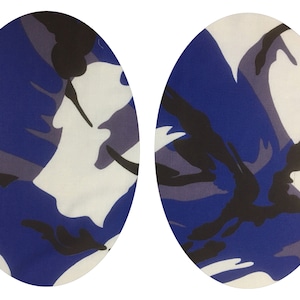 May include: Two oval-shaped fabric swatches with a blue, white and black camouflage pattern.