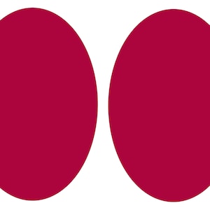 May include: Two solid, crimson red circles, side by side, against a white background.