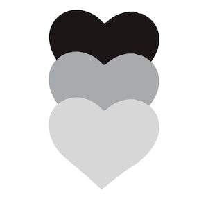 May include: Three hearts stacked on top of each other. The top heart is black, the middle heart is grey, and the bottom heart is light grey.