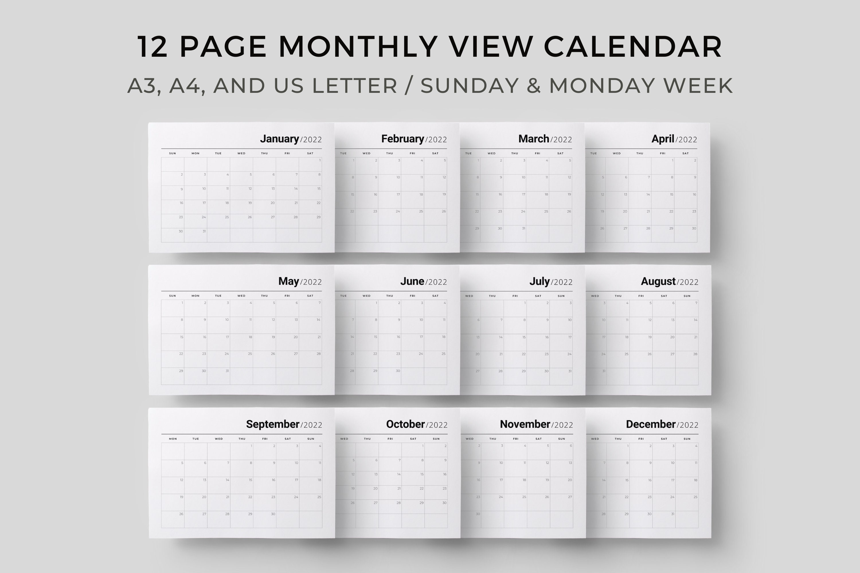 Printable 2022 Monthly Calendar 12 Pages A3 A4 Us Letter - Etsy