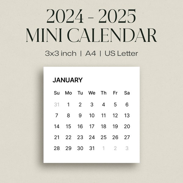 2024-2025 Mini Calendar Cards Printable, 3x3 inch Mini 2024 - 2025Monthly Calendar, Month at a Glance Minimalist Calendar, Instant Download
