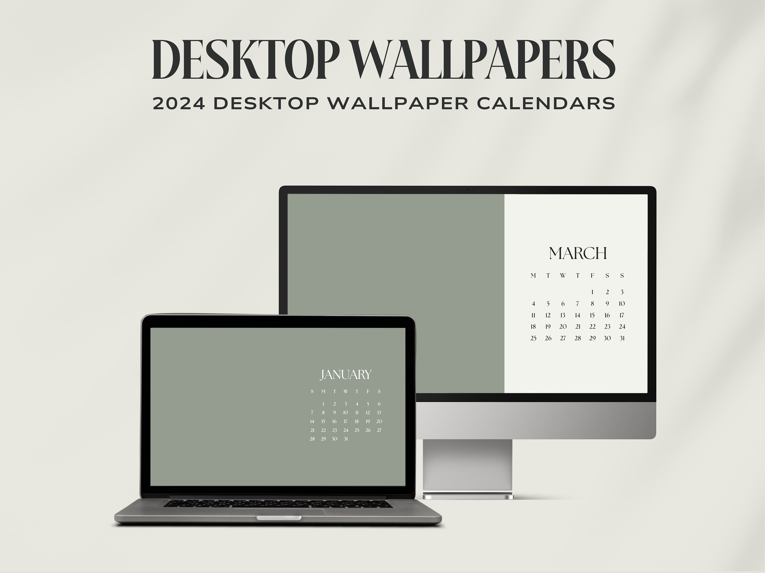 2024 Desktop Wallpaper Calendar Bundle, Minimalist Ash Green Aesthetic Desktop Wallpaper, 2024